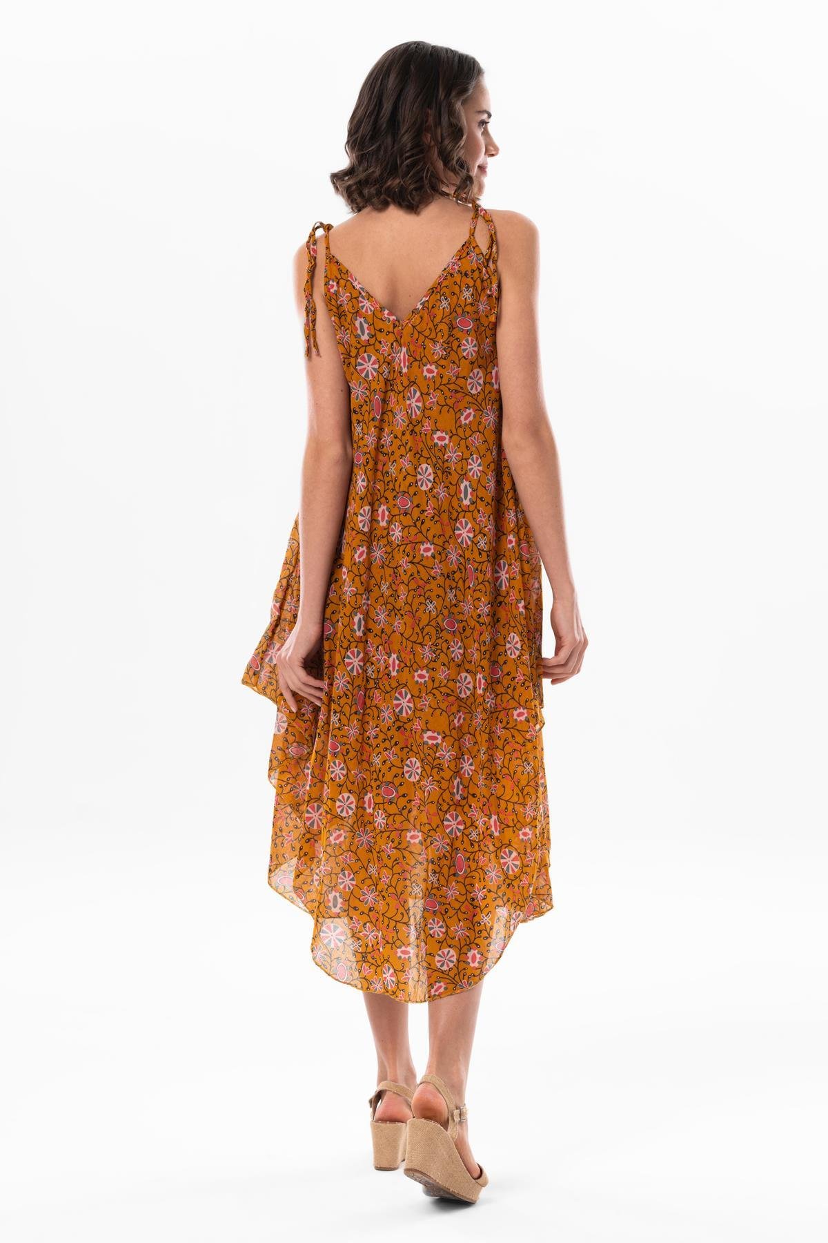 Askılı Vual Afrodit Midi Boy Yazlık Elbise Hardal 6202