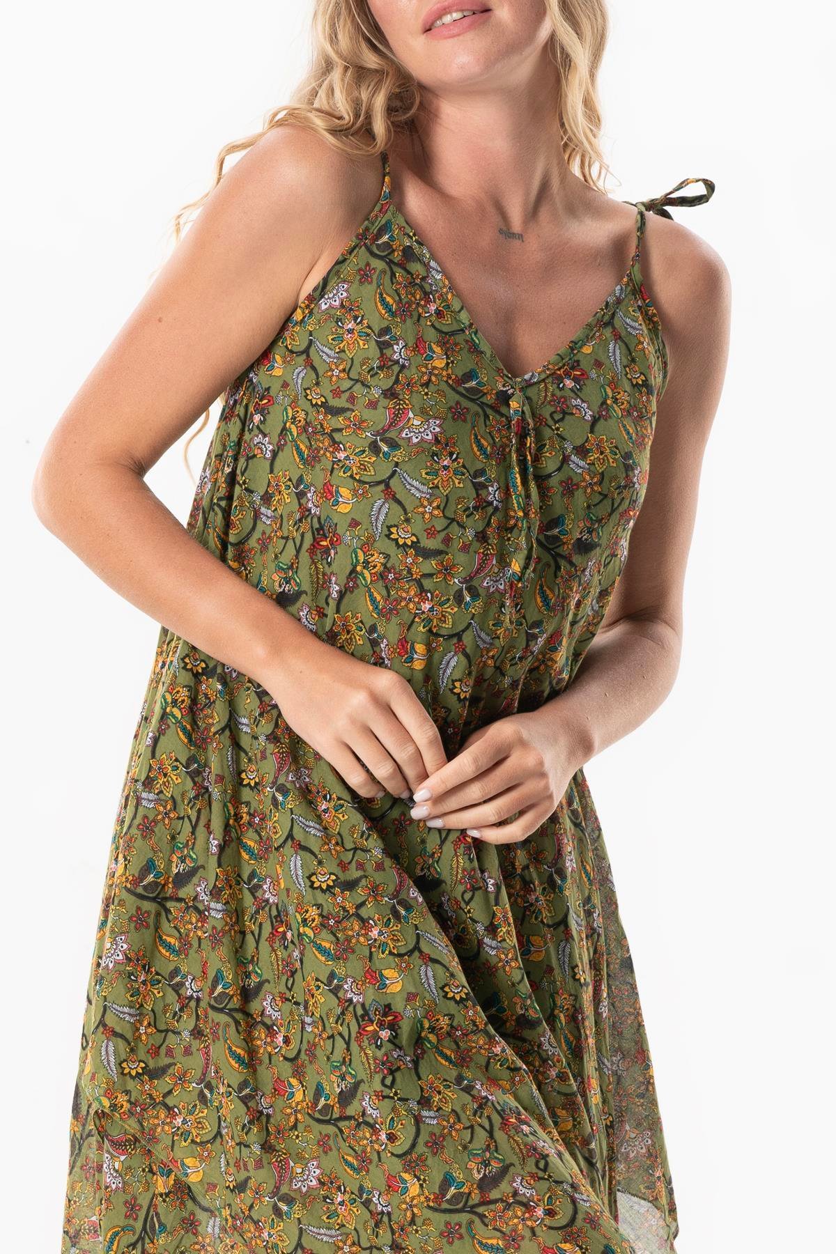 Askılı Vual Afrodit Midi Boy Yazlık Elbise Çiçek Yeşil 6241