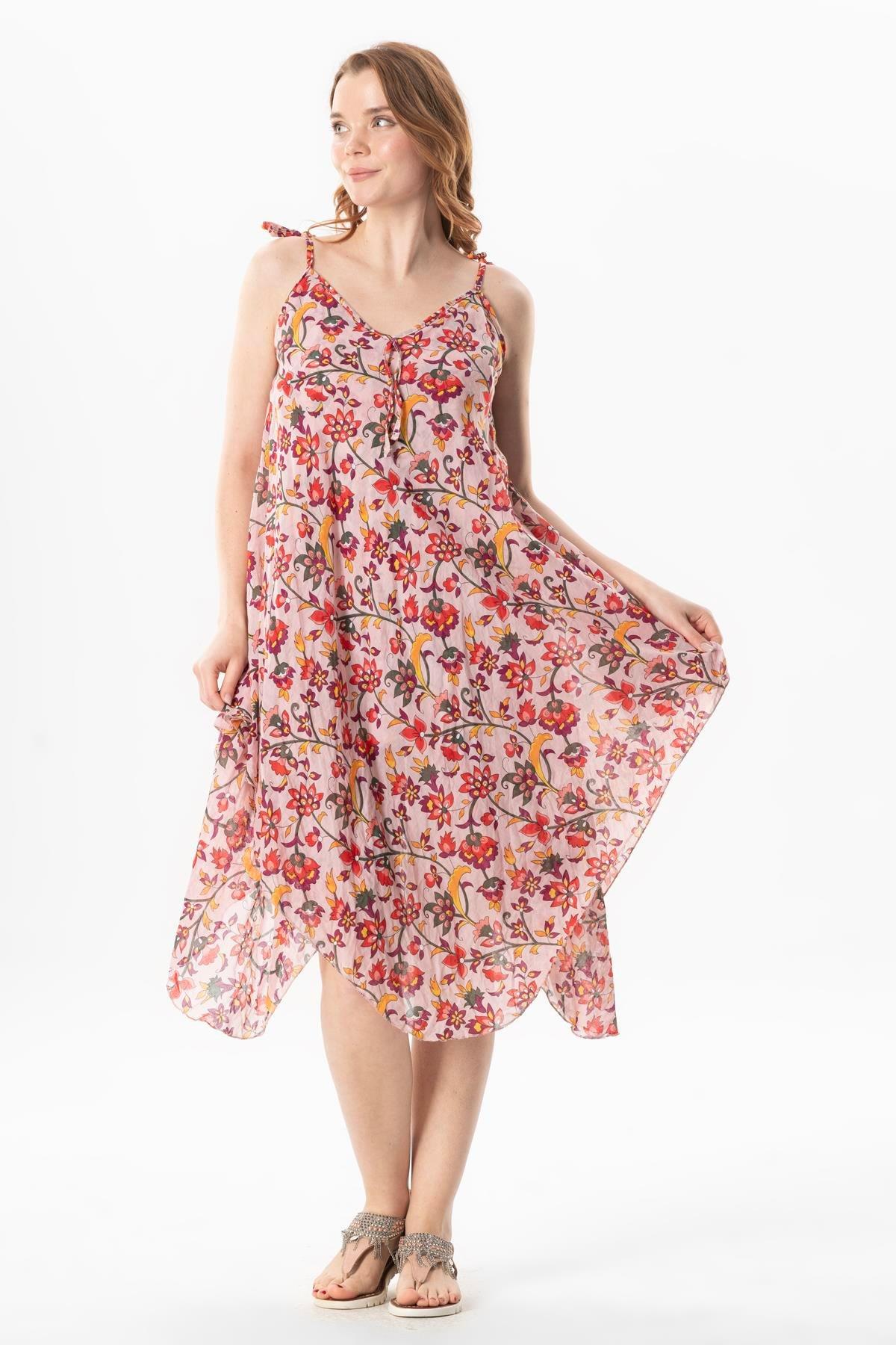 Askılı Vual Afrodit Midi Boy Yazlık Elbise Sarmaşık Pudra 6220