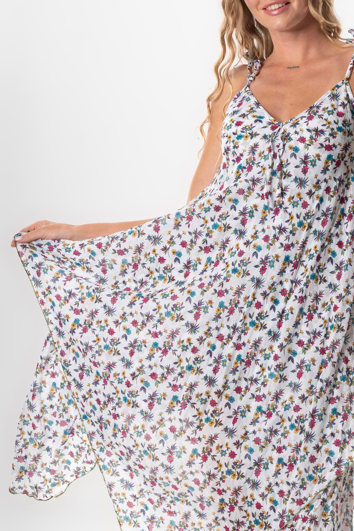 Askılı Vual Afrodit Midi Boy Yazlık Elbise Menekşe Beyaz 6242