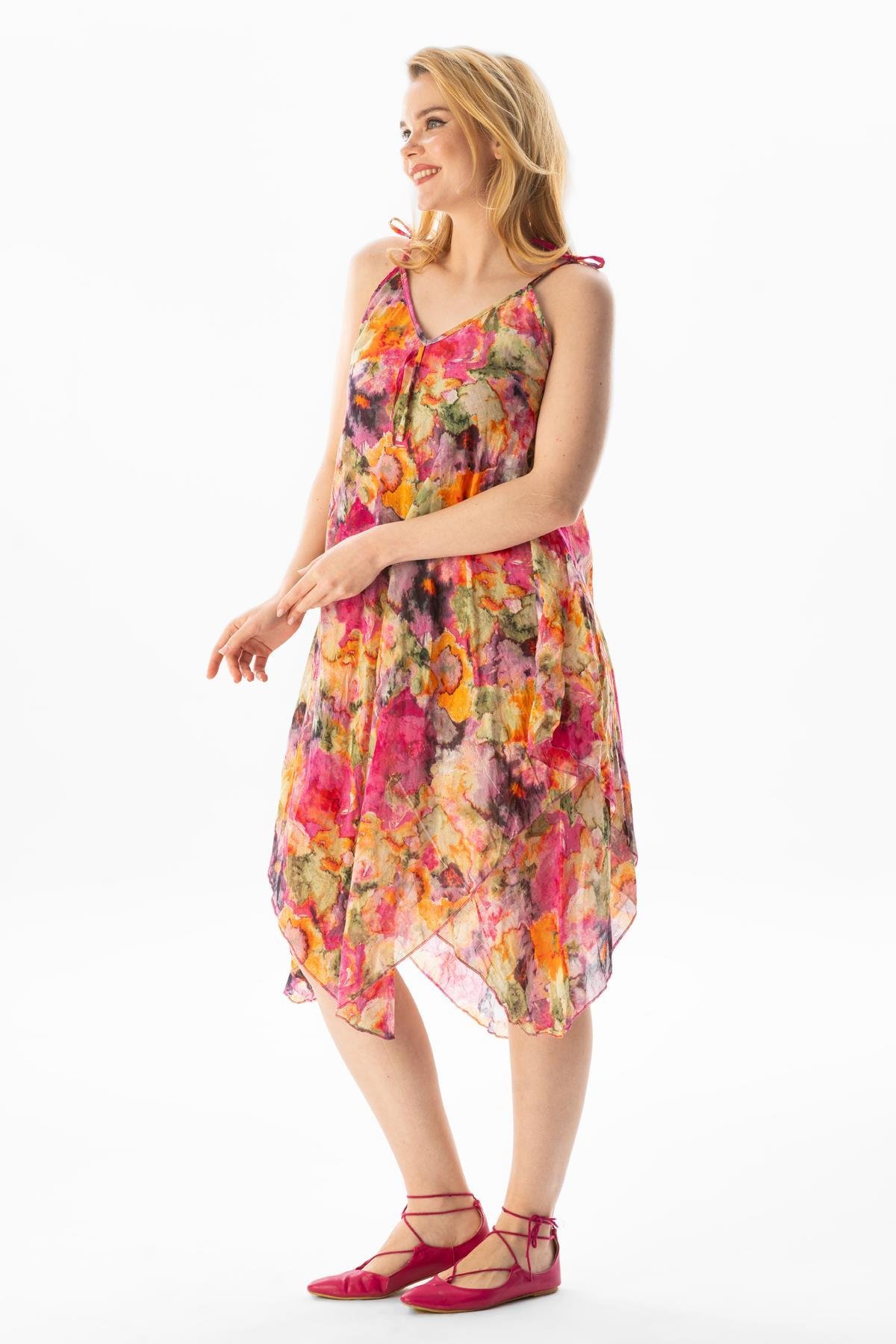 Askılı Vual Afrodit Midi Boy Yazlık Elbise Batik Pembe 6211