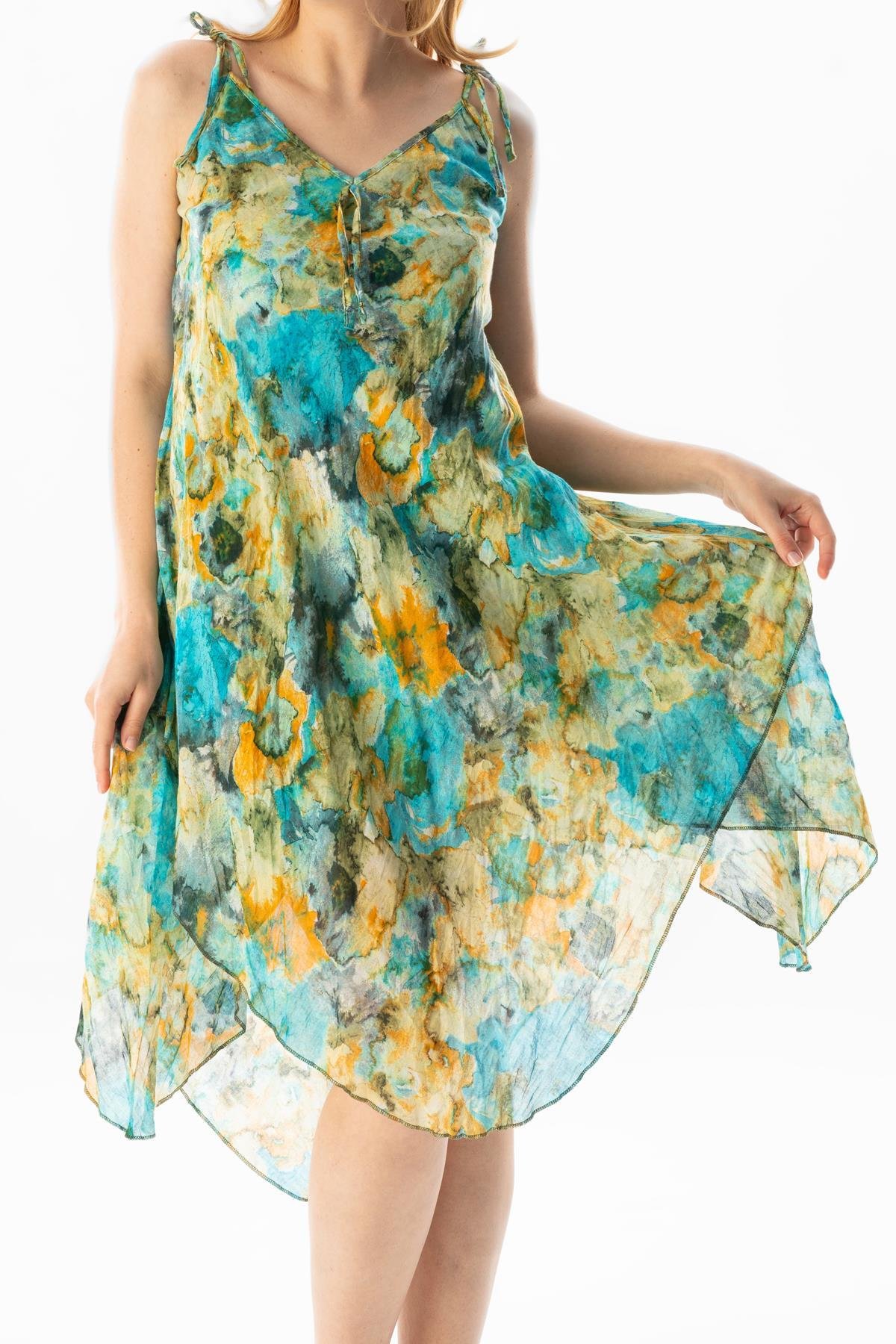 Askılı Vual Afrodit Midi Boy Yazlık Elbise Batik Turkuaz 6212