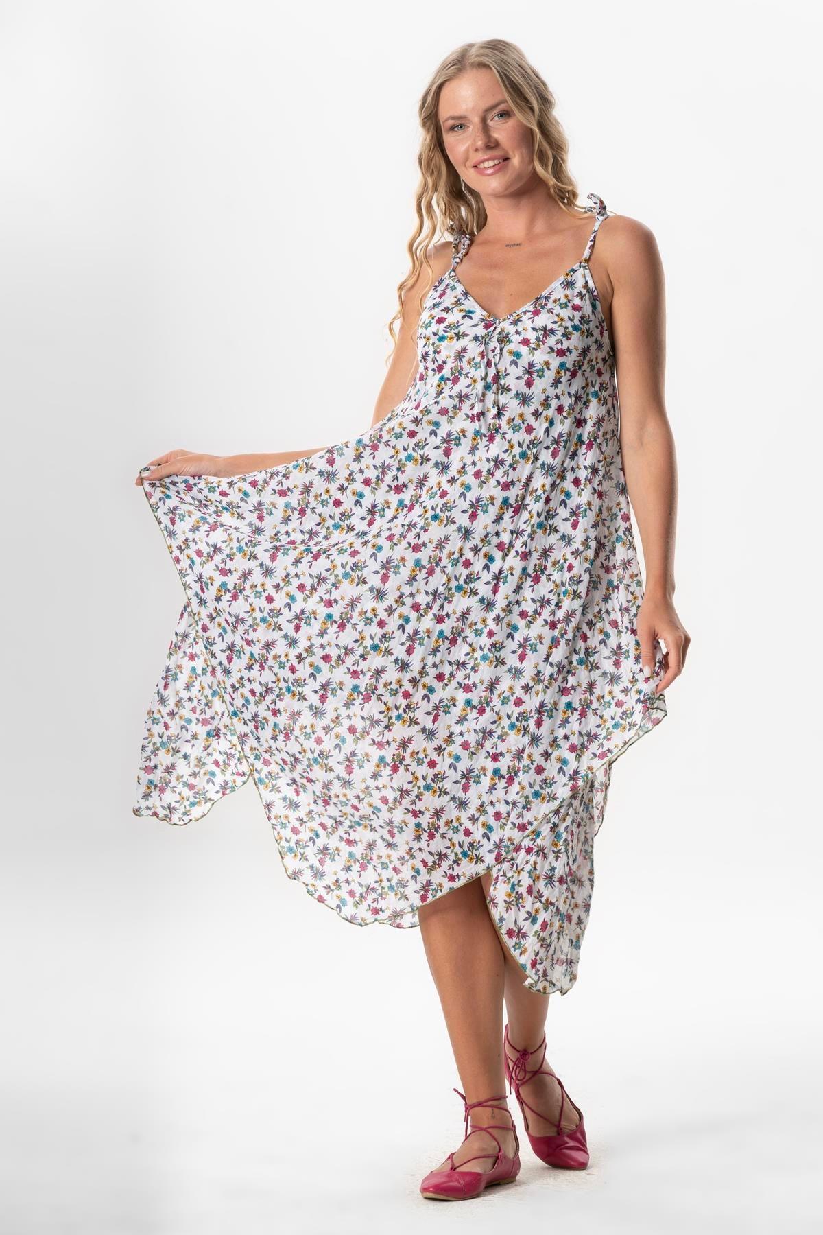 Askılı Vual Afrodit Midi Boy Yazlık Elbise Menekşe Beyaz 6242