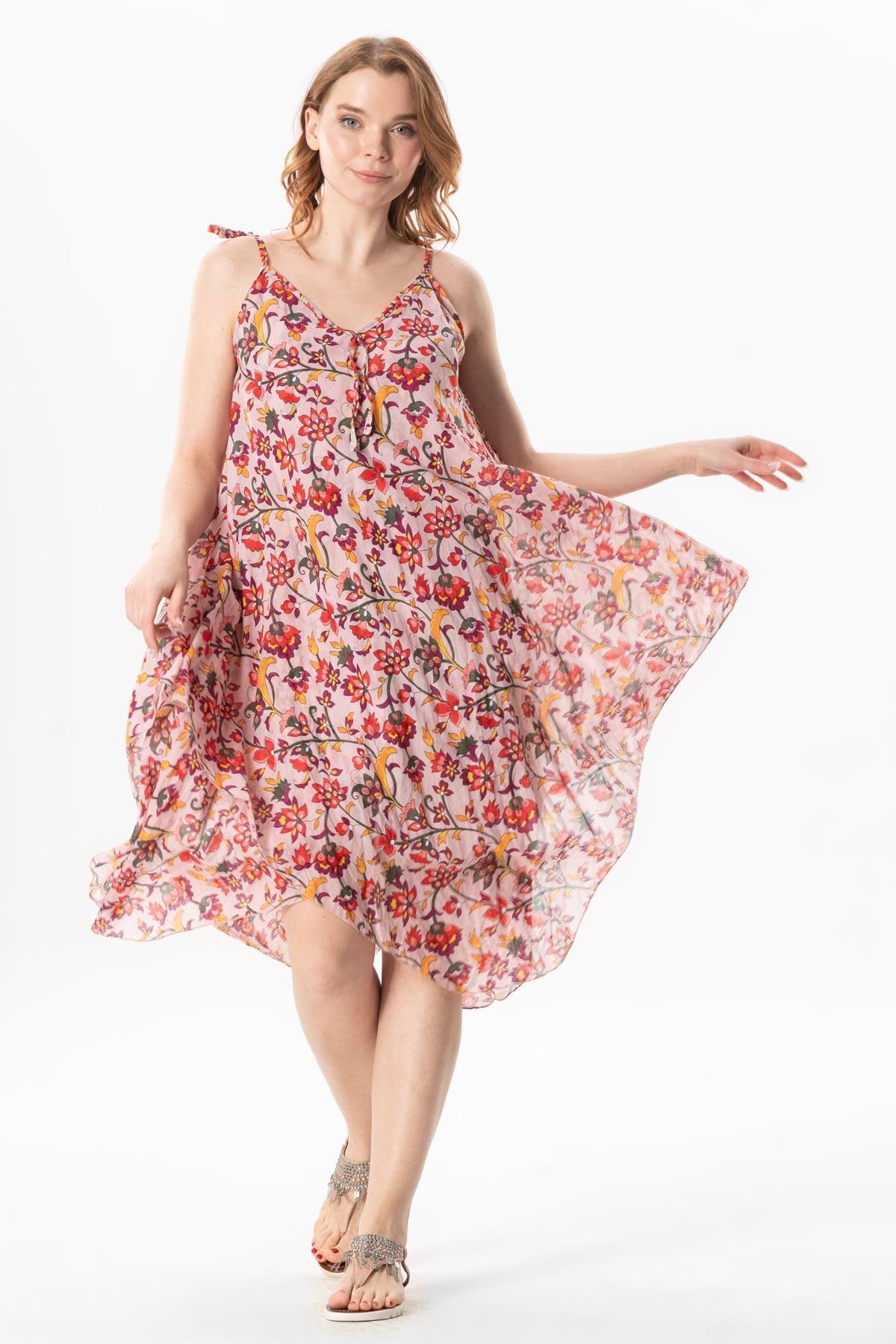 Askılı Vual Afrodit Midi Boy Yazlık Elbise Sarmaşık Pudra 6220