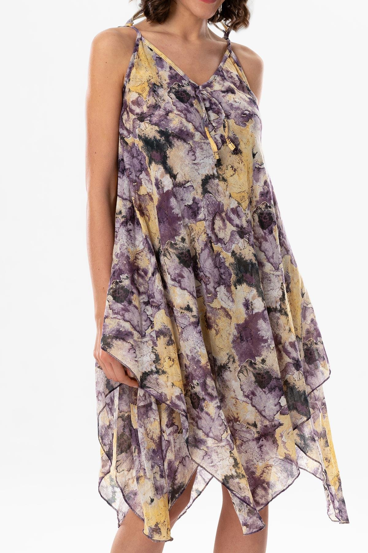 Askılı Vual Afrodit Midi Boy Yazlık Elbise Batik Mor 6207