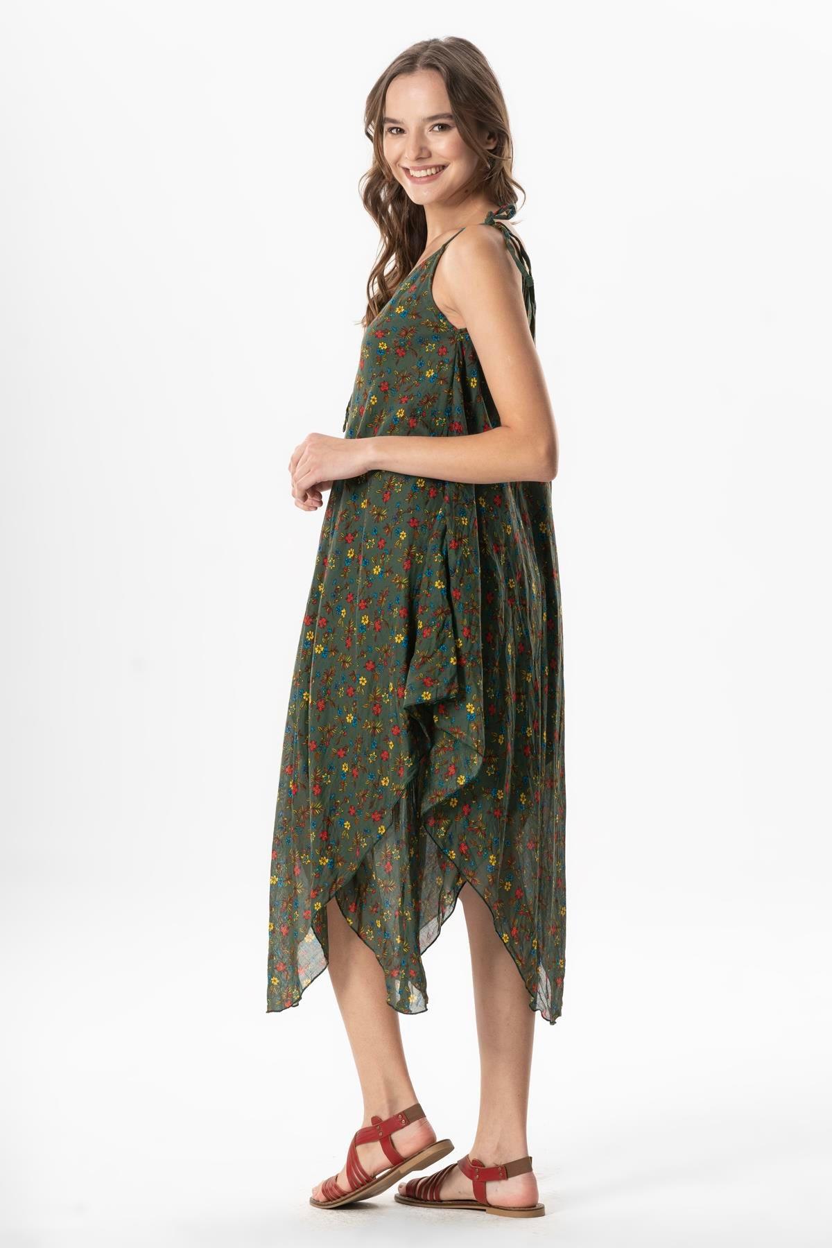 Askılı Vual Afrodit Midi Boy Yazlık Elbise Menekşe Yeşil 6239