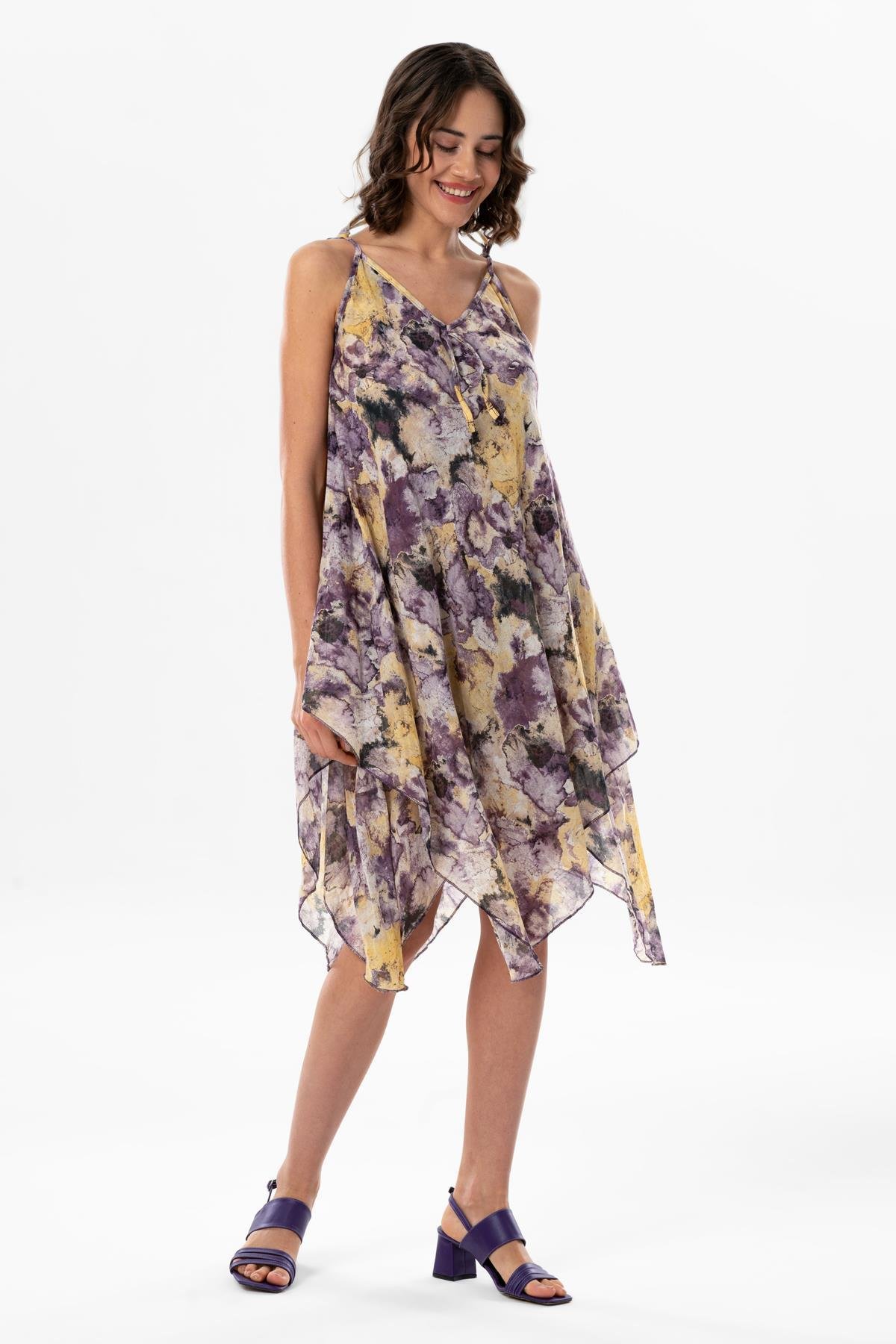 Askılı Vual Afrodit Midi Boy Yazlık Elbise Batik Mor 6207