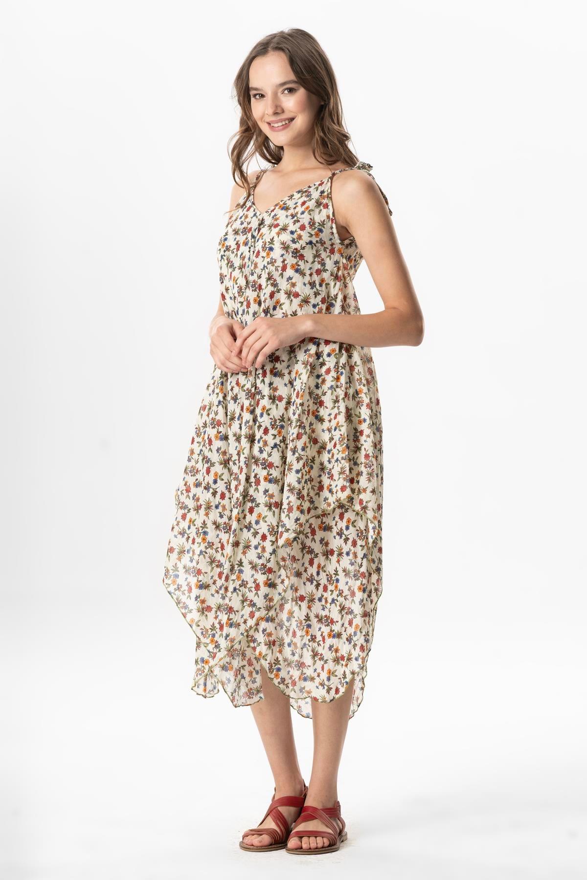 Askılı Vual Afrodit Midi Boy Yazlık Elbise Menekşe Krem 6238