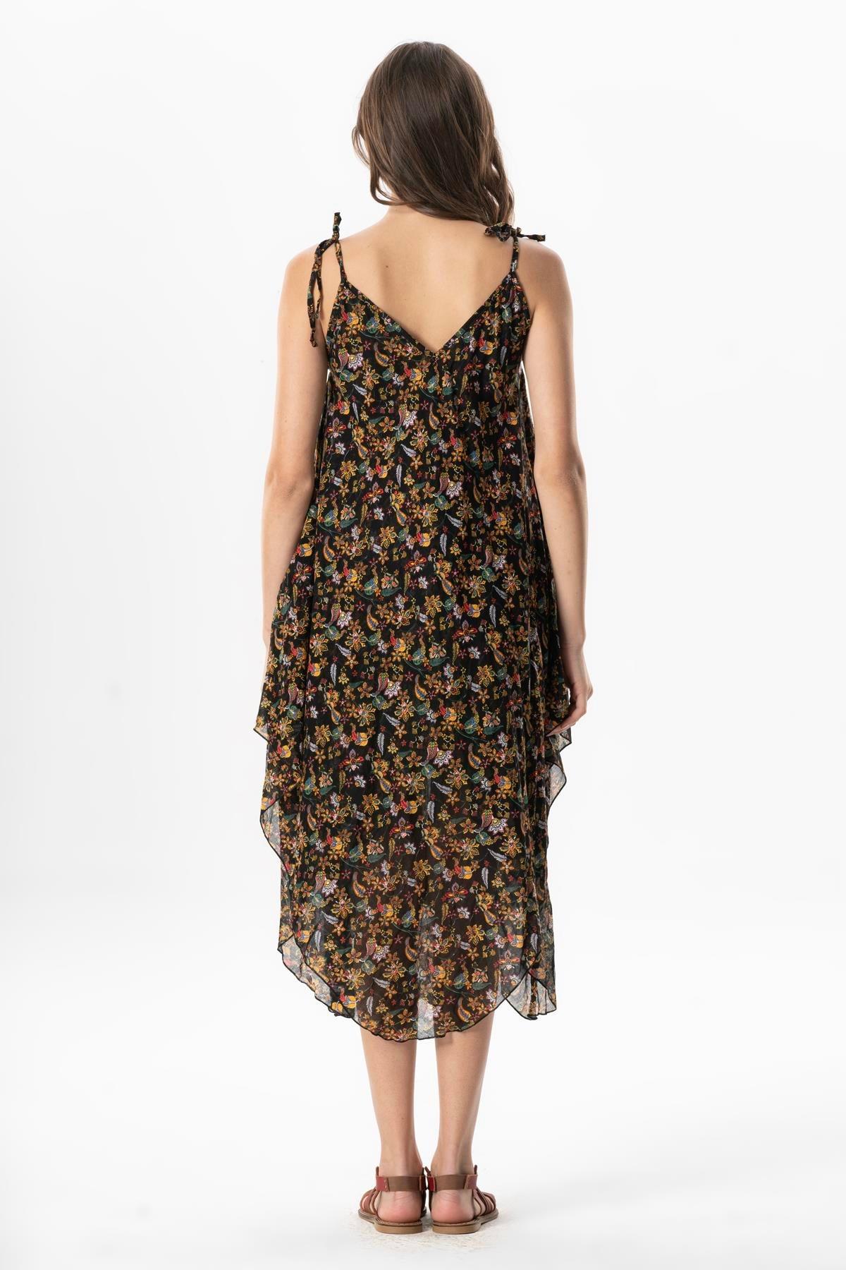 Askılı Vual Afrodit Midi Boy Yazlık Elbise Çiçek Siyah 6240