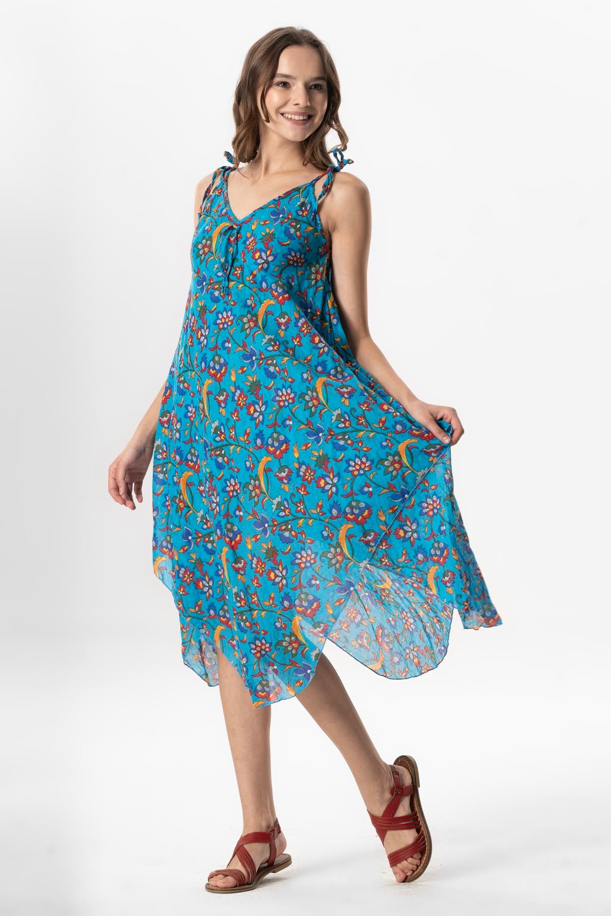 Askılı Vual Afrodit Midi Boy Yazlık Elbise Sarmaşık Turkuaz 6221