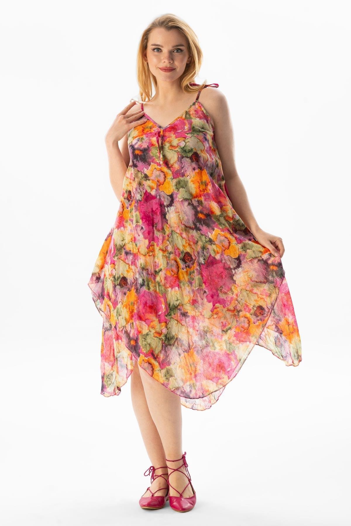 Askılı Vual Afrodit Midi Boy Yazlık Elbise Batik Pembe 6211