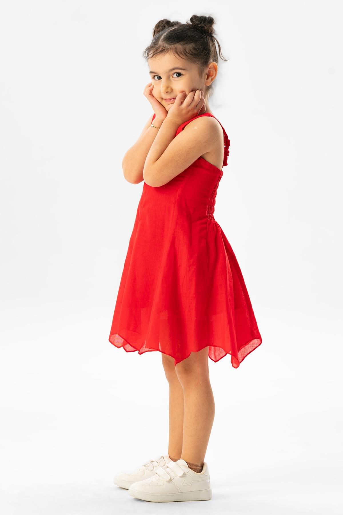 Askılı Vual Emel Yazlık Çocuk Elbise Kırmızı Krmz