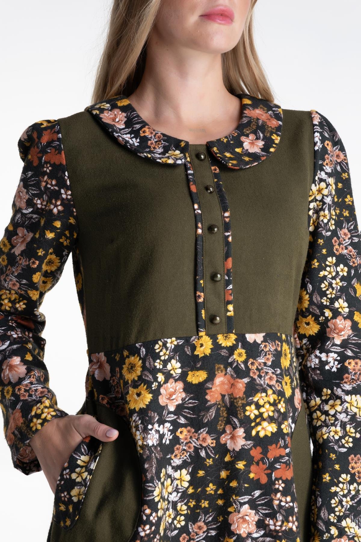 Bahar Dalı Pazen Elbise Haki Hk