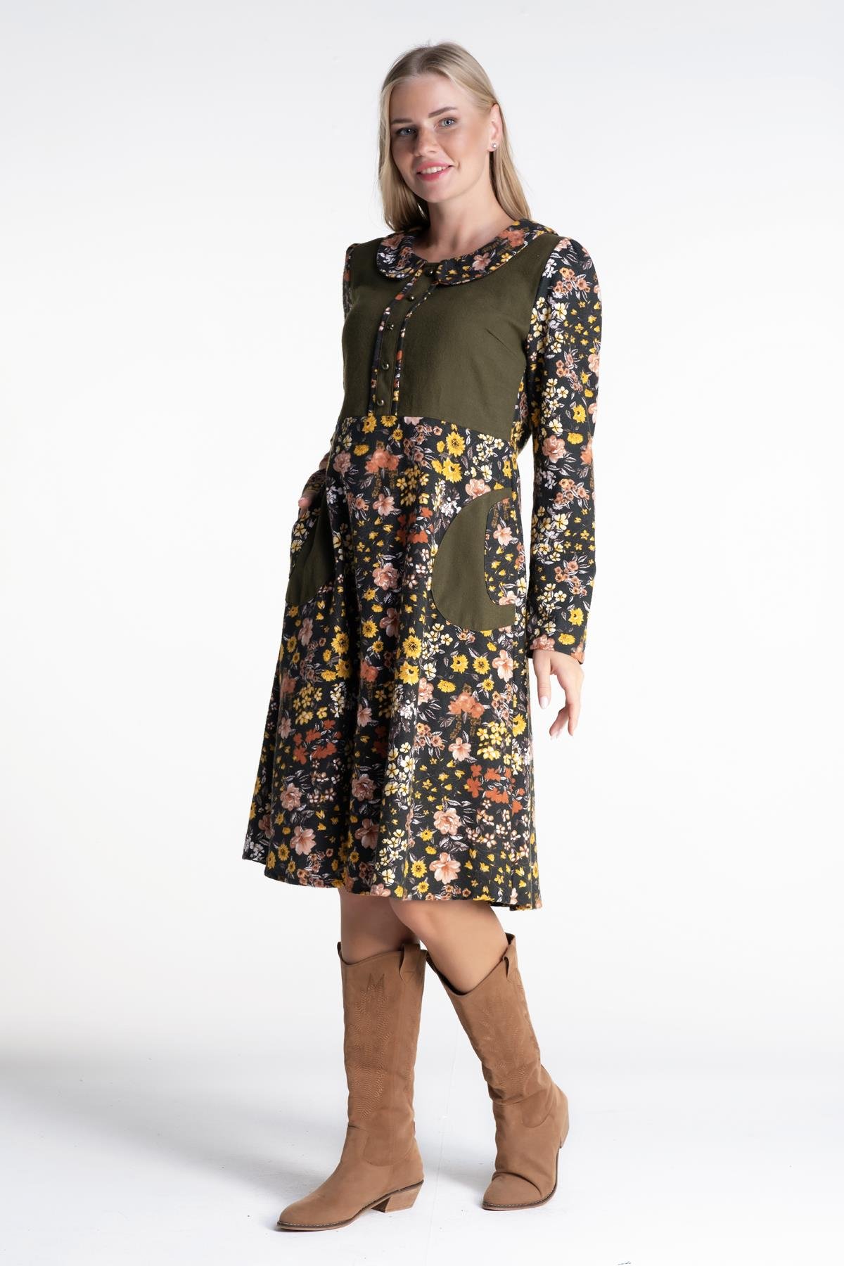 Bahar Dalı Pazen Elbise Haki Hk