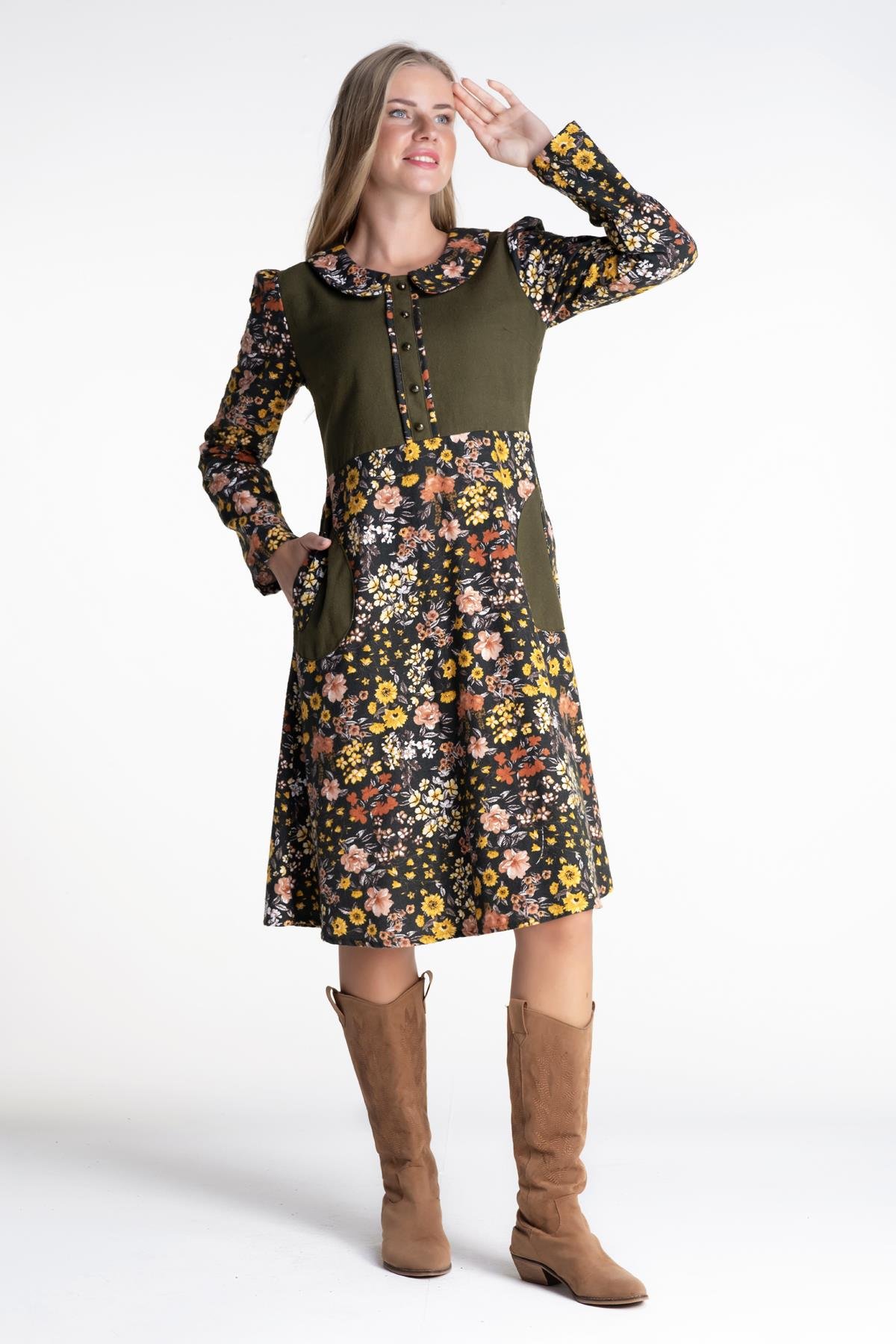 Bahar Dalı Pazen Elbise Haki Hk