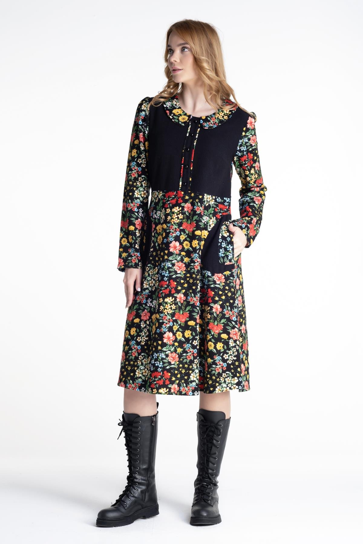 Bahar Dalı Pazen Elbise Siyah Syh