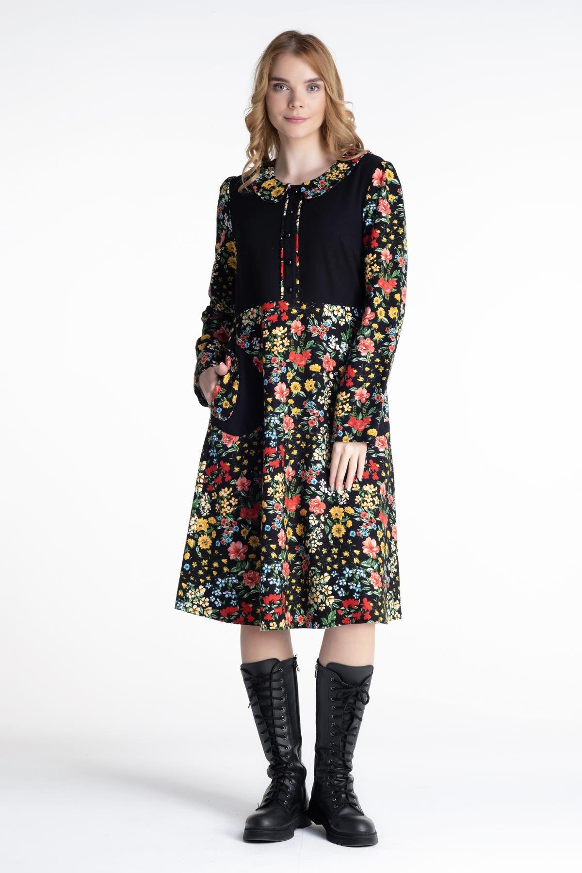 Bahar Dalı Pazen Elbise Siyah Syh