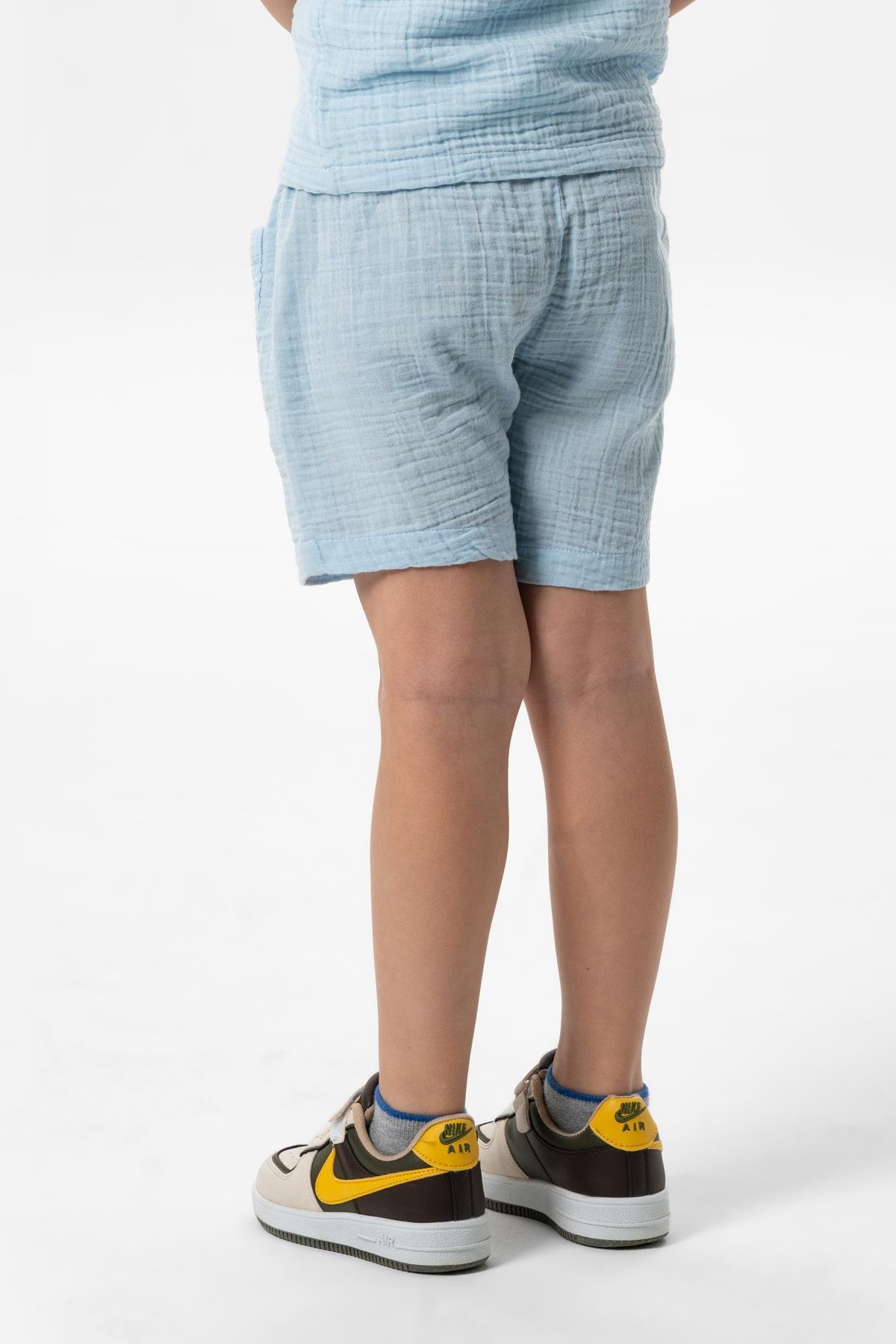 Batı Cep Detaylı Yazlık Müslin Çocuk Şort Buz Mavi Bmv