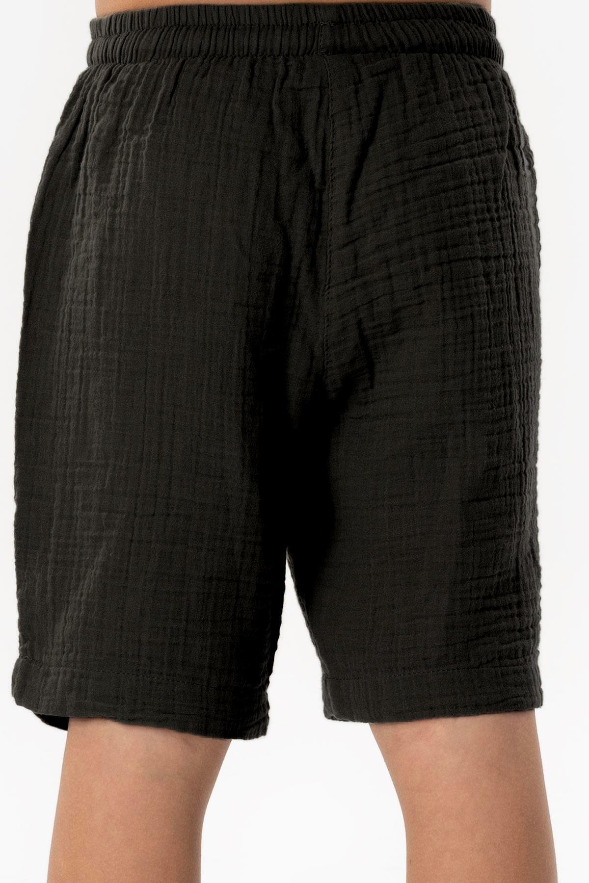 Batı Cep Detaylı Yazlık Müslin Erkek Çocuk Şort Siyah Syh