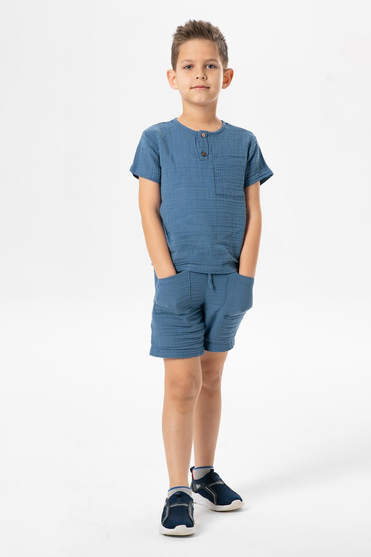Batı Cep Detaylı Yazlık Müslin Erkek Çocuk Şort İndigo indg
