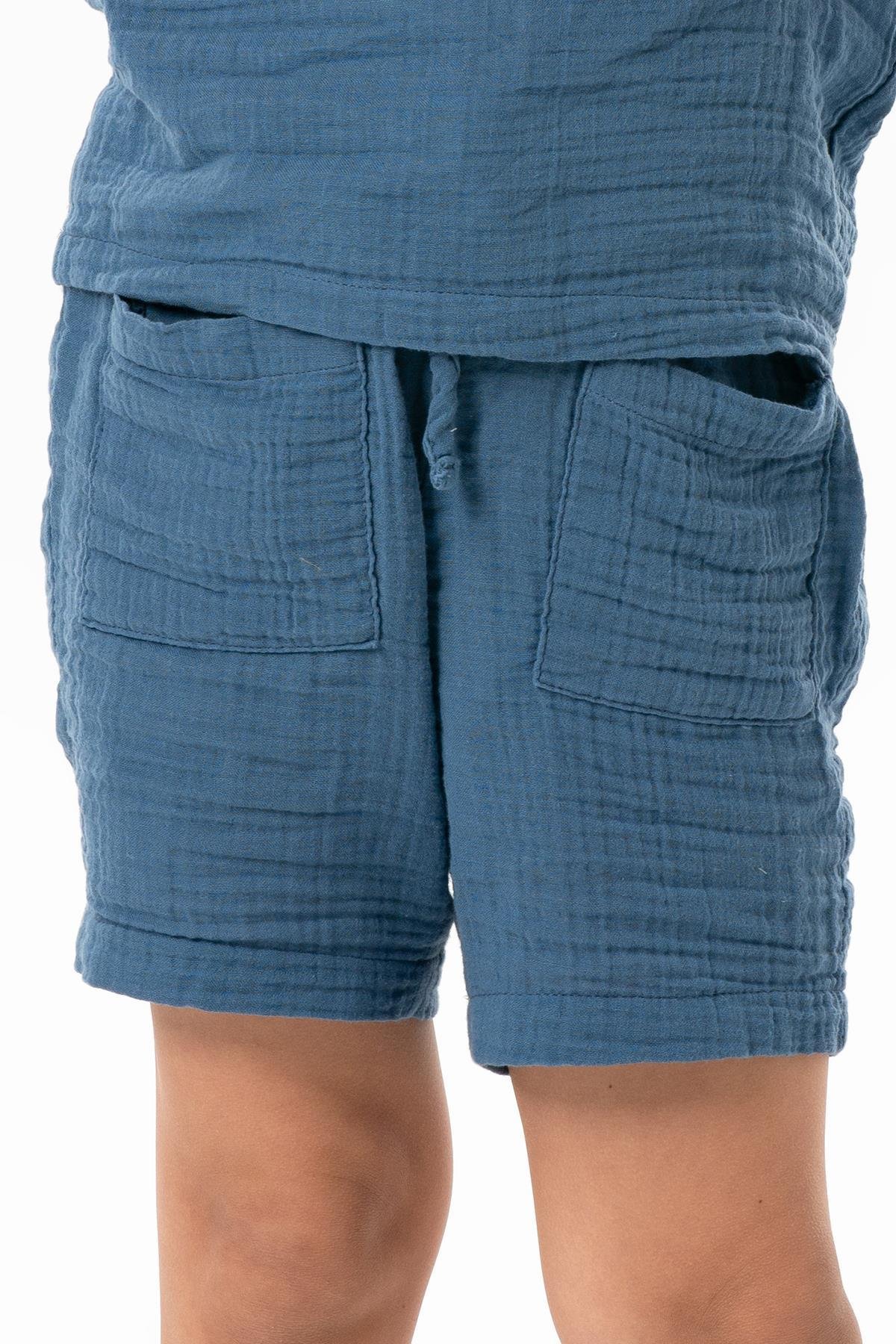Batı Cep Detaylı Yazlık Müslin Erkek Çocuk Şort İndigo indg