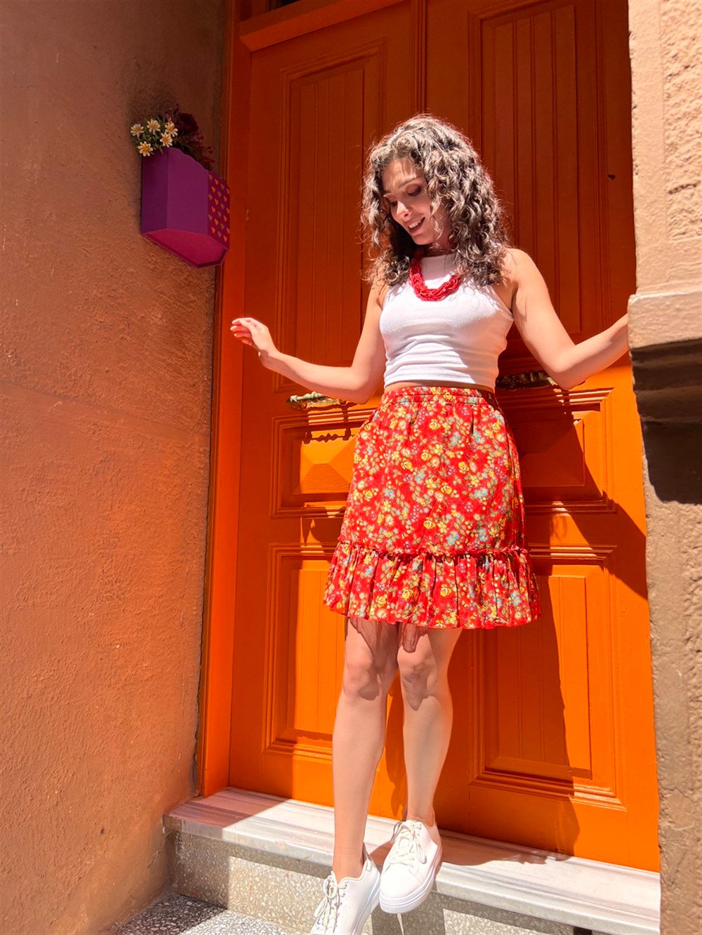 Buse Vual Kısa Etek Tomurcuk Desen Turuncu 6168