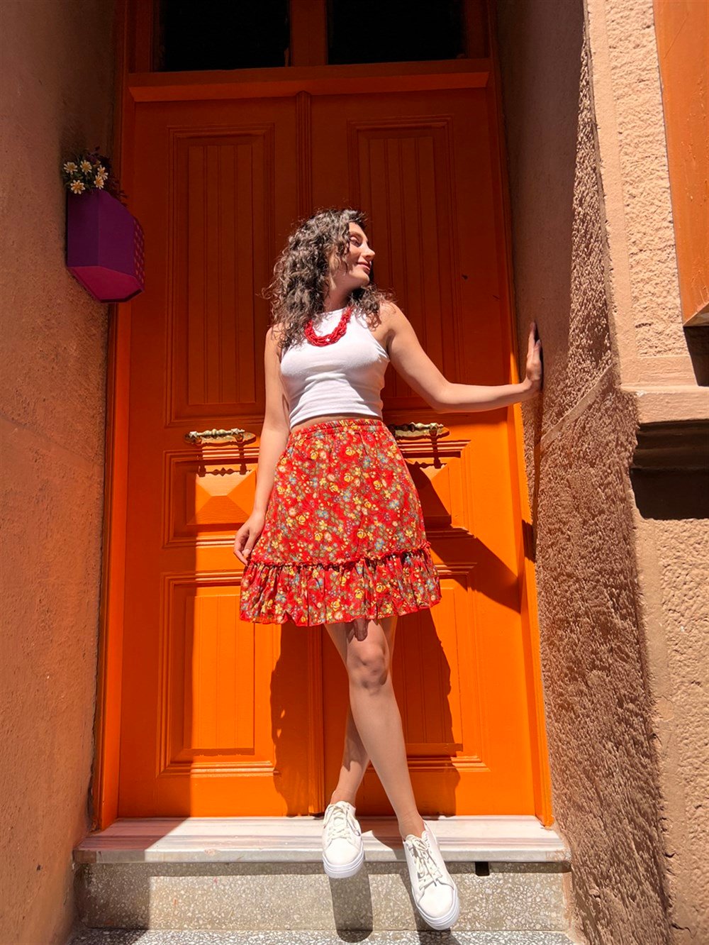 Buse Vual Kısa Etek Tomurcuk Desen Turuncu 6168