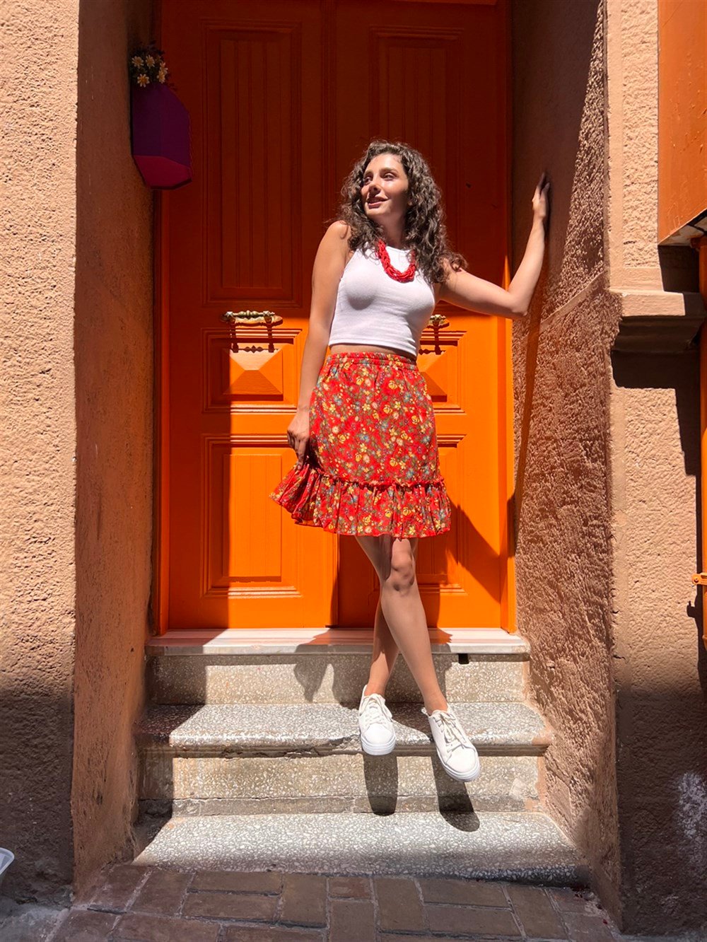 Buse Vual Kısa Etek Tomurcuk Desen Turuncu 6168