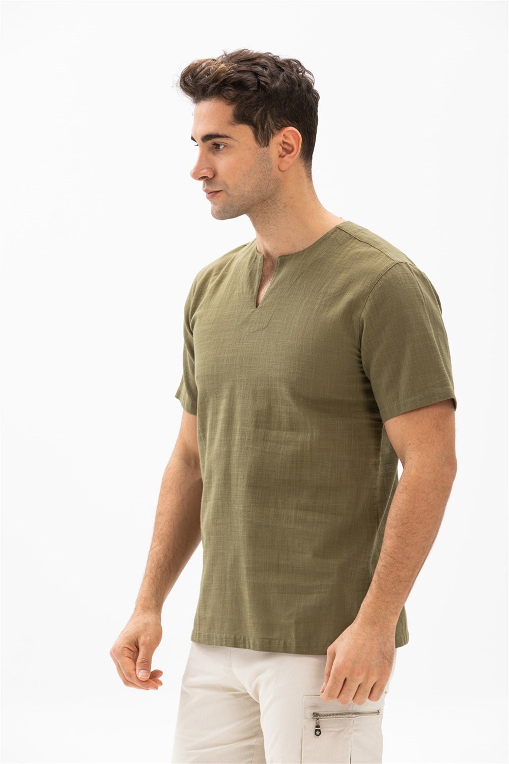 Büyük Beden Kısa Kol Şile Bezi Bisiklet Yaka Erkek Tshirt Haki 3049