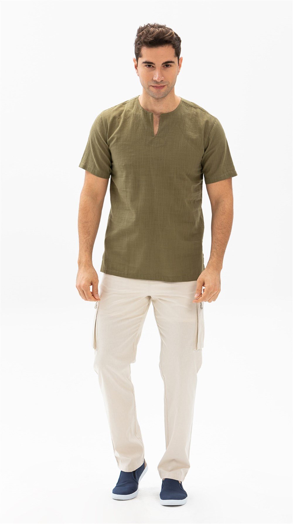 Büyük Beden Kısa Kol Şile Bezi Bisiklet Yaka Erkek Tshirt Haki 3049