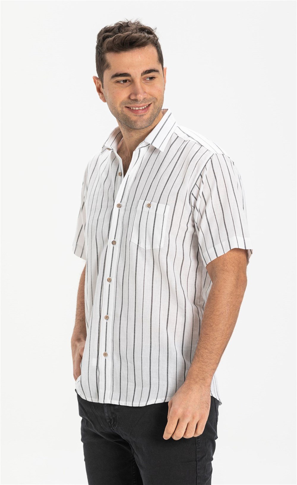 Büyük Beden Kısa Kol Şile Bezi Erkek Gömlek Beyaz Siyah Çizgili 3006