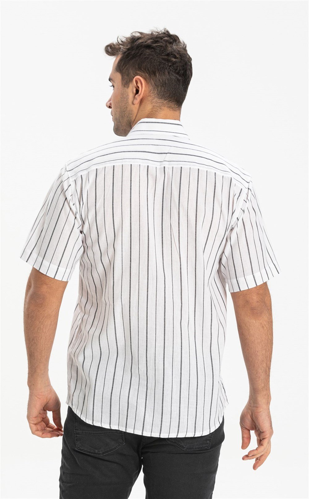 Büyük Beden Kısa Kol Şile Bezi Erkek Gömlek Beyaz Siyah Çizgili 3006