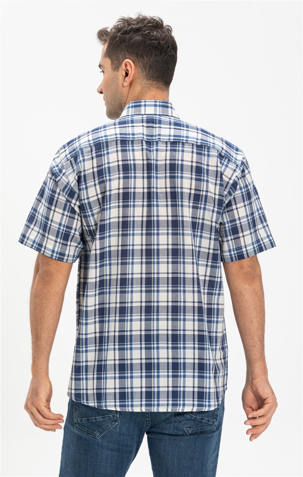 Büyük Beden Kısa Kol Şile Bezi Erkek Gömlek Lacivert Ekose 3058