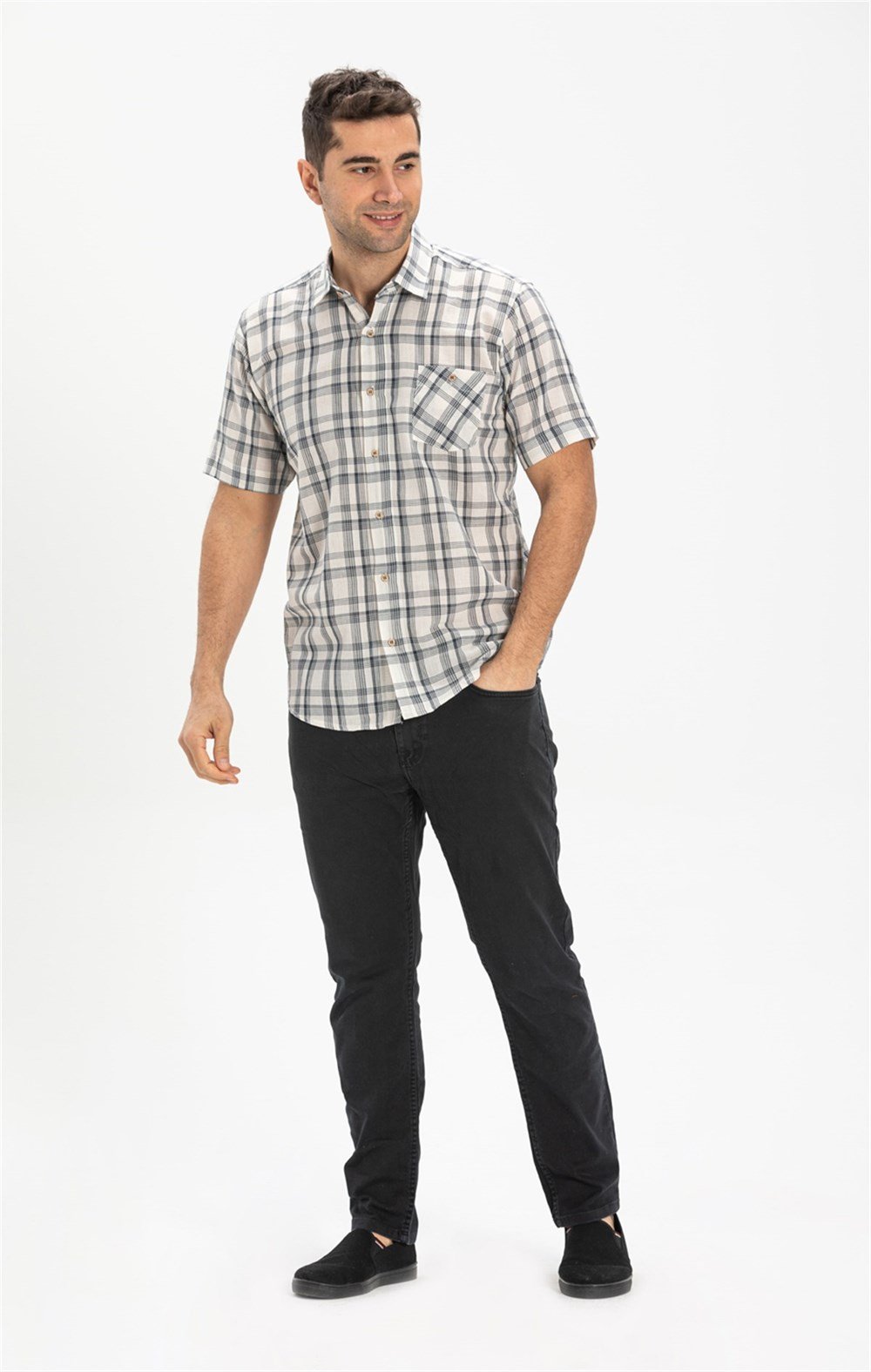 Büyük Beden Kısa Kol Şile Bezi Erkek Gömlek Siyah Ekose 3062