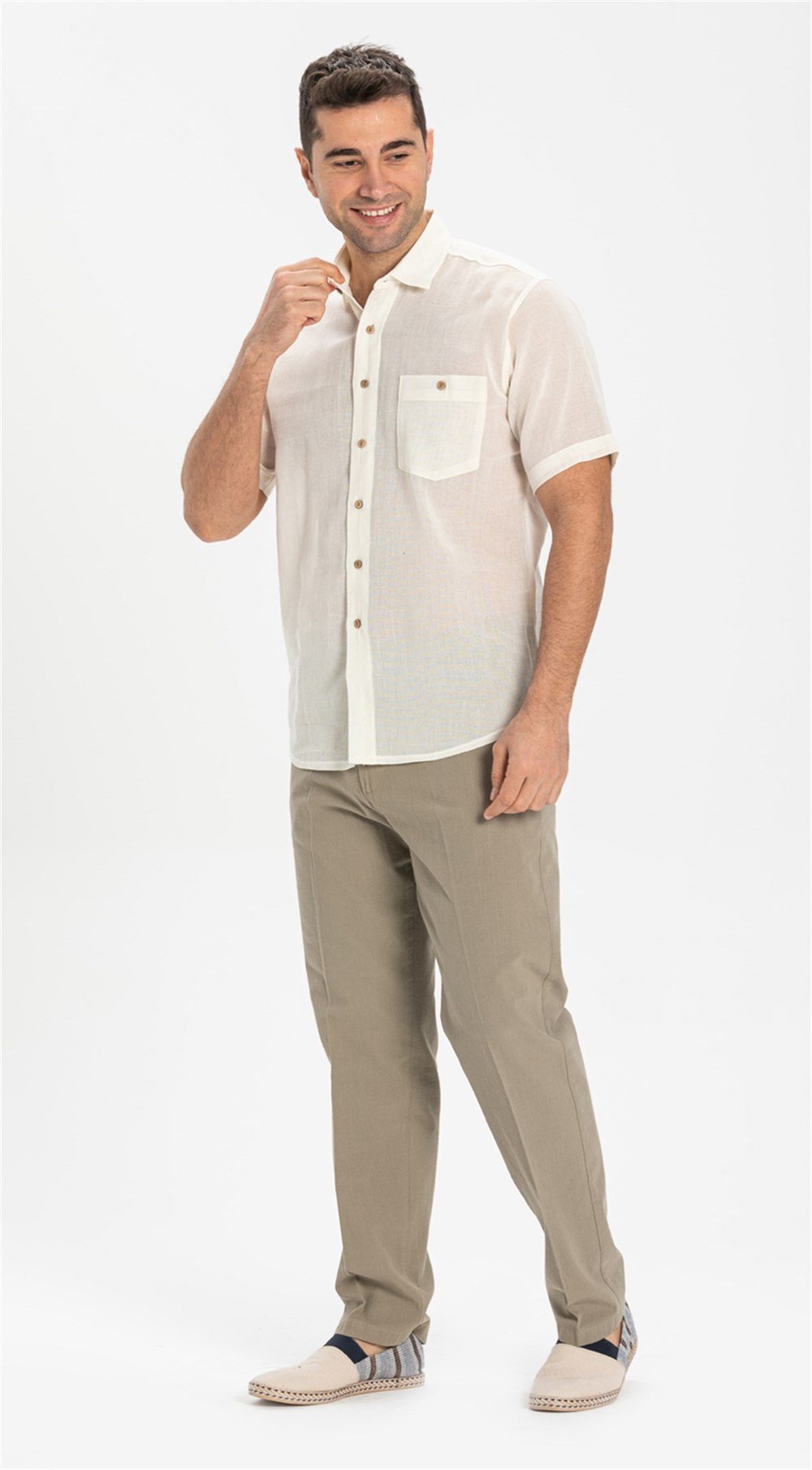 Büyük Beden Kısa Kol Şile Bezi Erkek Gömlek Krem 3002