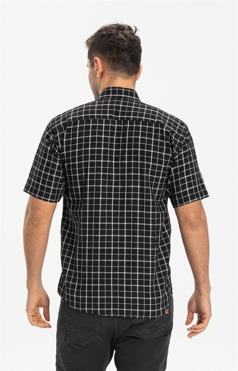 Büyük Beden Kısa Kol Şile Bezi Erkek Gömlek Siyah Kareli 3055