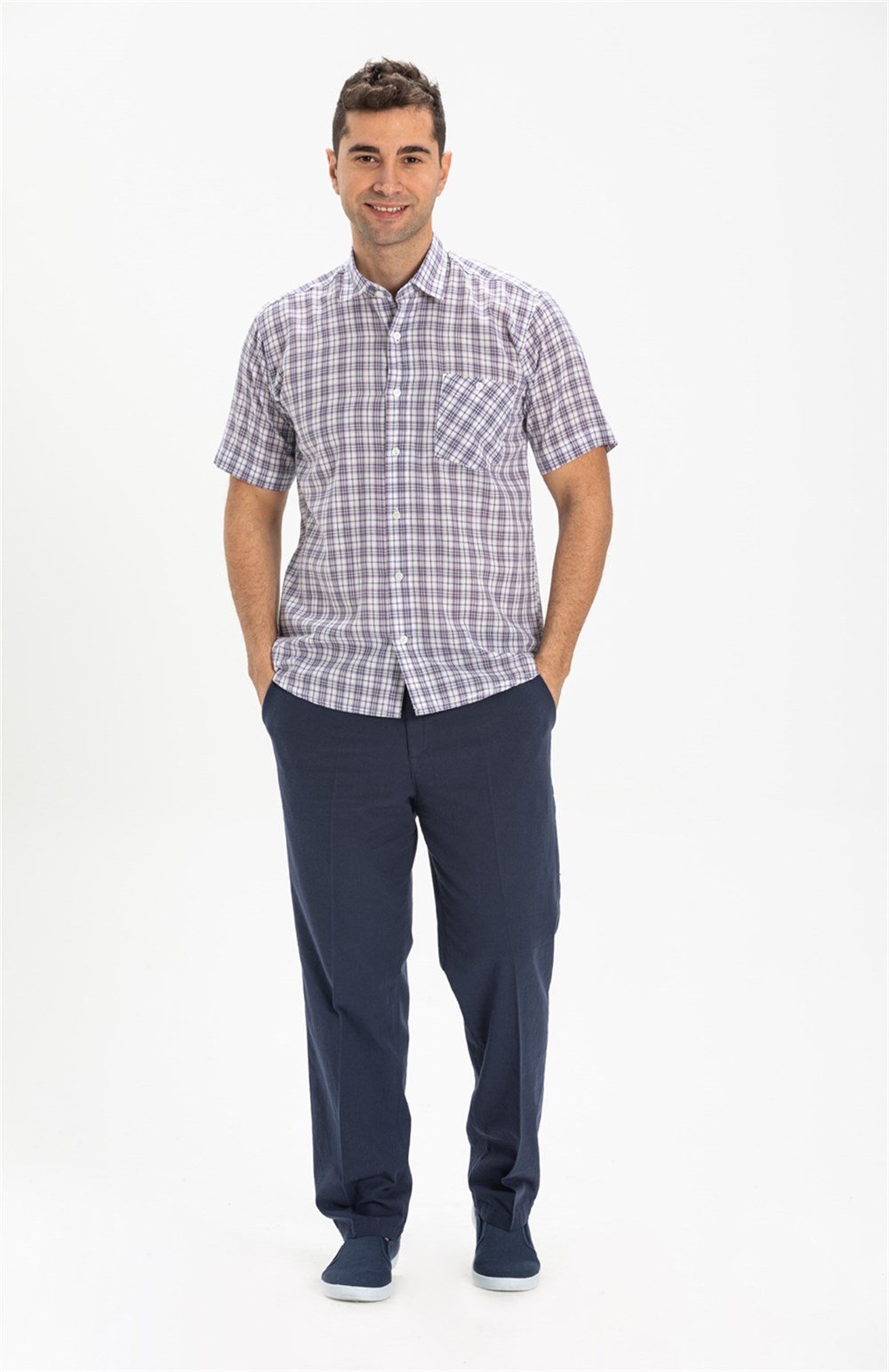 Büyük Beden Kısa Kol Şile Bezi Erkek Gömlek Mor Kareli 3035