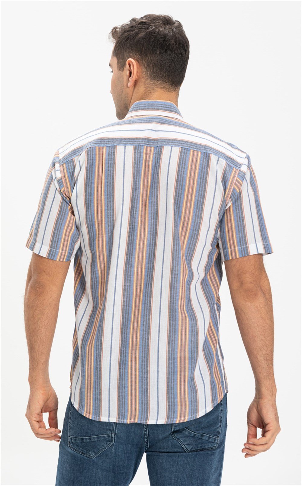 Büyük Beden Kısa Kol Şile Bezi Erkek Gömlek Mavi Gri Çizgili 3037
