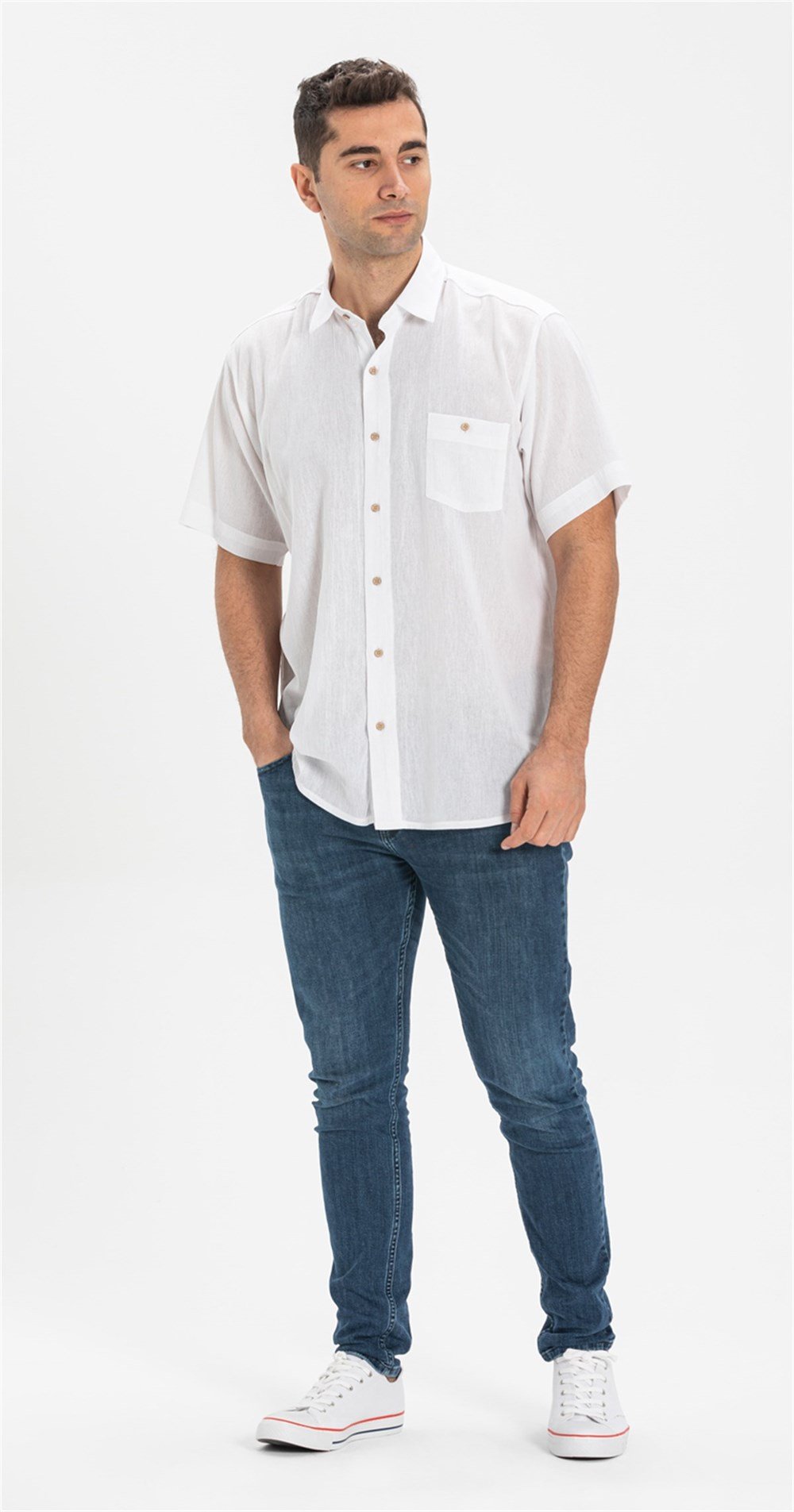 Büyük Beden Kısa Kol Şile Bezi Erkek Gömlek Beyaz 3001