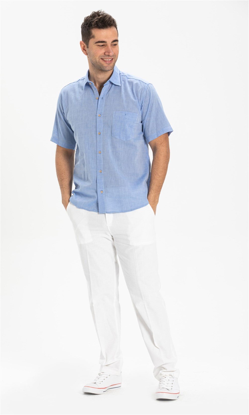 Büyük Beden Kısa Kol Şile Bezi Erkek Gömlek Mavi 3032