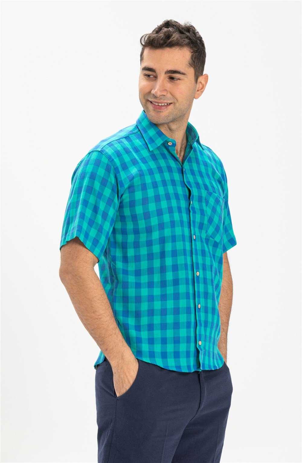 Büyük Beden Kısa Kol Şile Bezi Erkek Gömlek Mint Kareli 3033