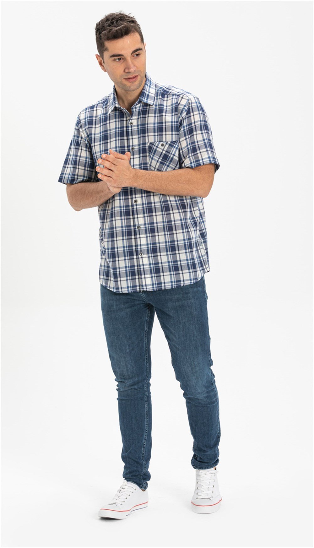 Büyük Beden Kısa Kol Şile Bezi Erkek Gömlek Lacivert Ekose 3058