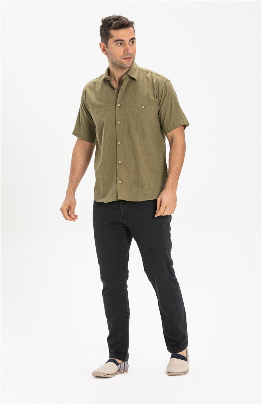 Büyük Beden Kısa Kol Şile Bezi Erkek Gömlek Haki 3049