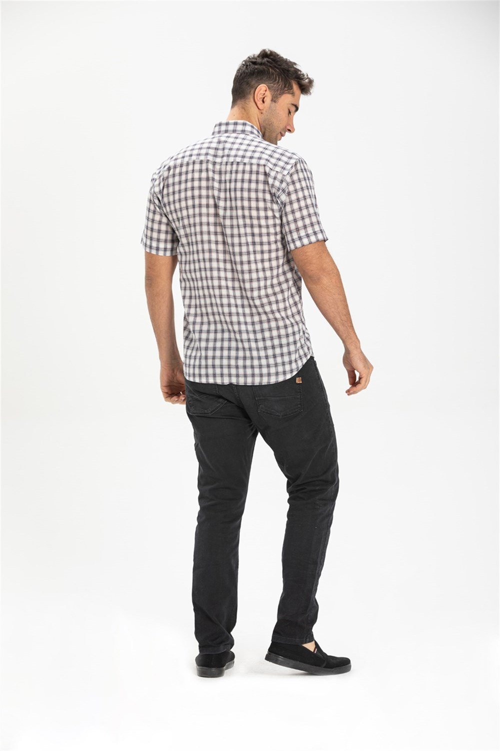 Büyük Beden Kısa Kol Şile Bezi Erkek Gömlek Füme Ekose 3039