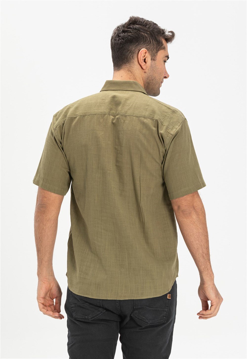 Büyük Beden Kısa Kol Şile Bezi Erkek Gömlek Haki 3049