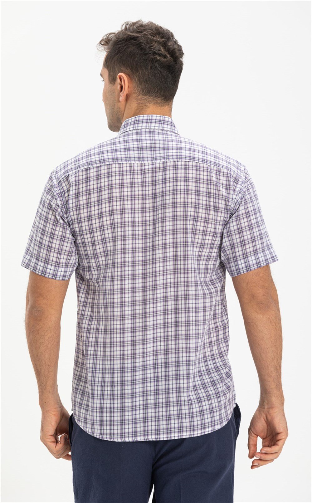 Büyük Beden Kısa Kol Şile Bezi Erkek Gömlek Mor Kareli 3035