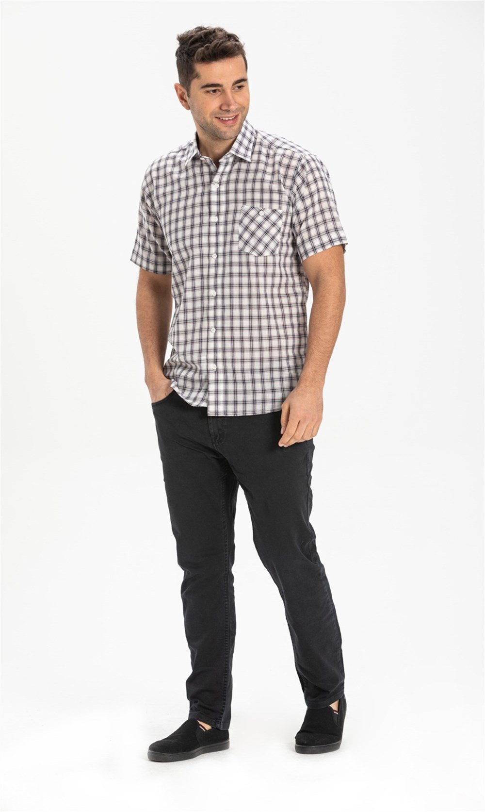 Büyük Beden Kısa Kol Şile Bezi Erkek Gömlek Füme Ekose 3039