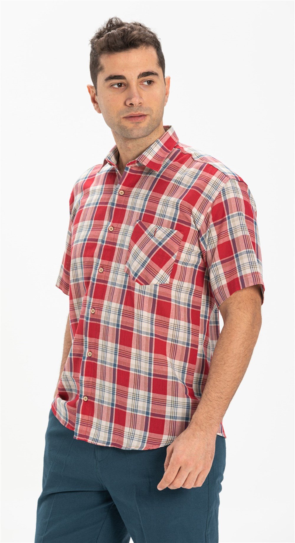 Büyük Beden Kısa Kol Şile Bezi Erkek Gömlek Kırmızı Lacivert Ekose 3057