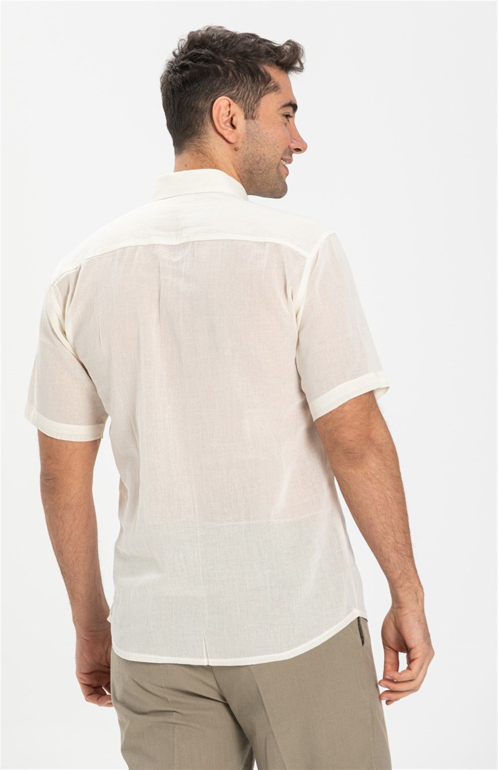 Büyük Beden Kısa Kol Şile Bezi Erkek Gömlek Krem 3002