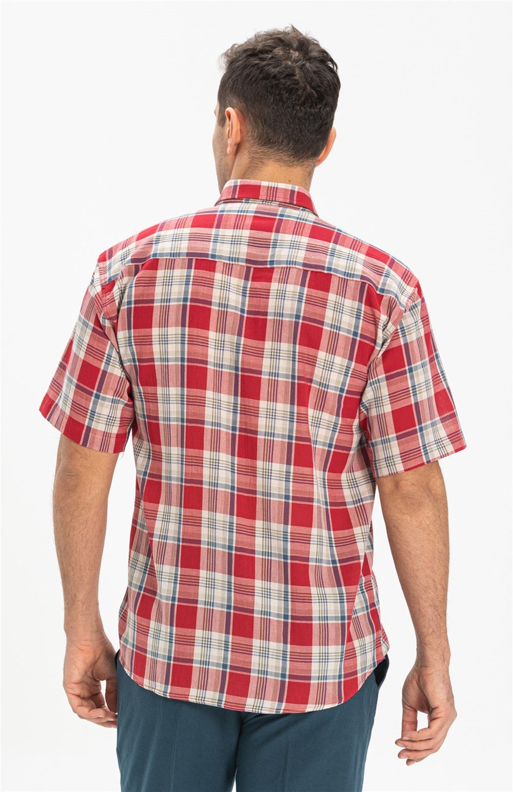 Büyük Beden Kısa Kol Şile Bezi Erkek Gömlek Kırmızı Lacivert Ekose 3057